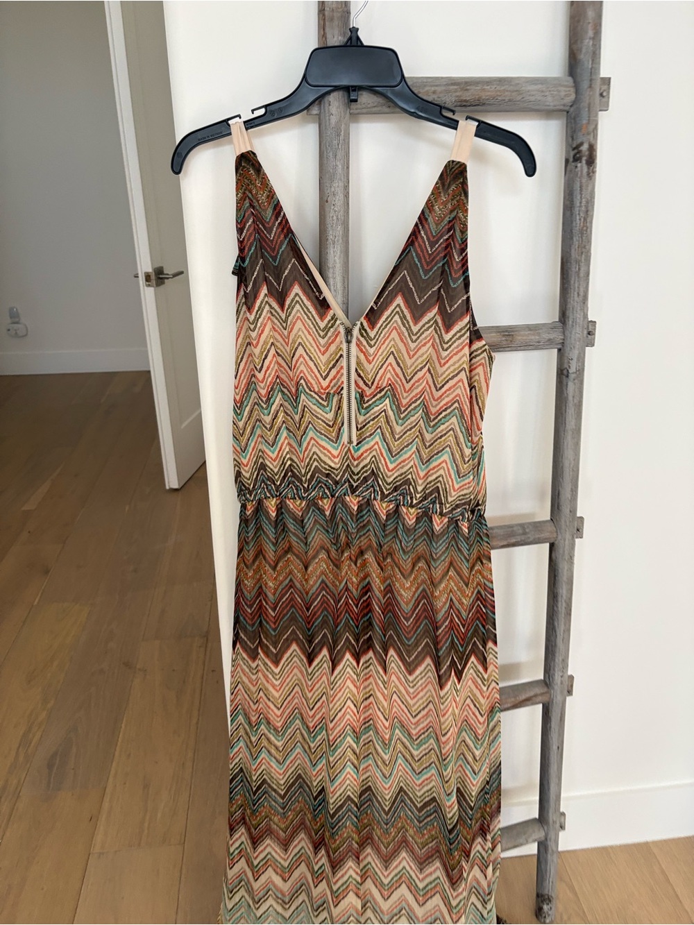 Multi-Color Chevron Ruffle Maxi Dress with Drawstring Waist - Picture 7 of 8